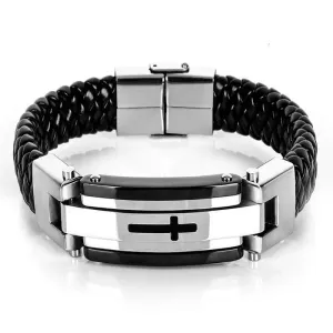 Men's Cross Bracelet<br> Braided Leather Strap