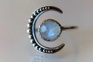 Moon Ring, Moonstone Ring, Crescent Moon Ring, Faceted Moonstone Ring, Beaded Moon Ring, Crescent Moon, Moon Jewelry, Moonstone Jewelry,Gift