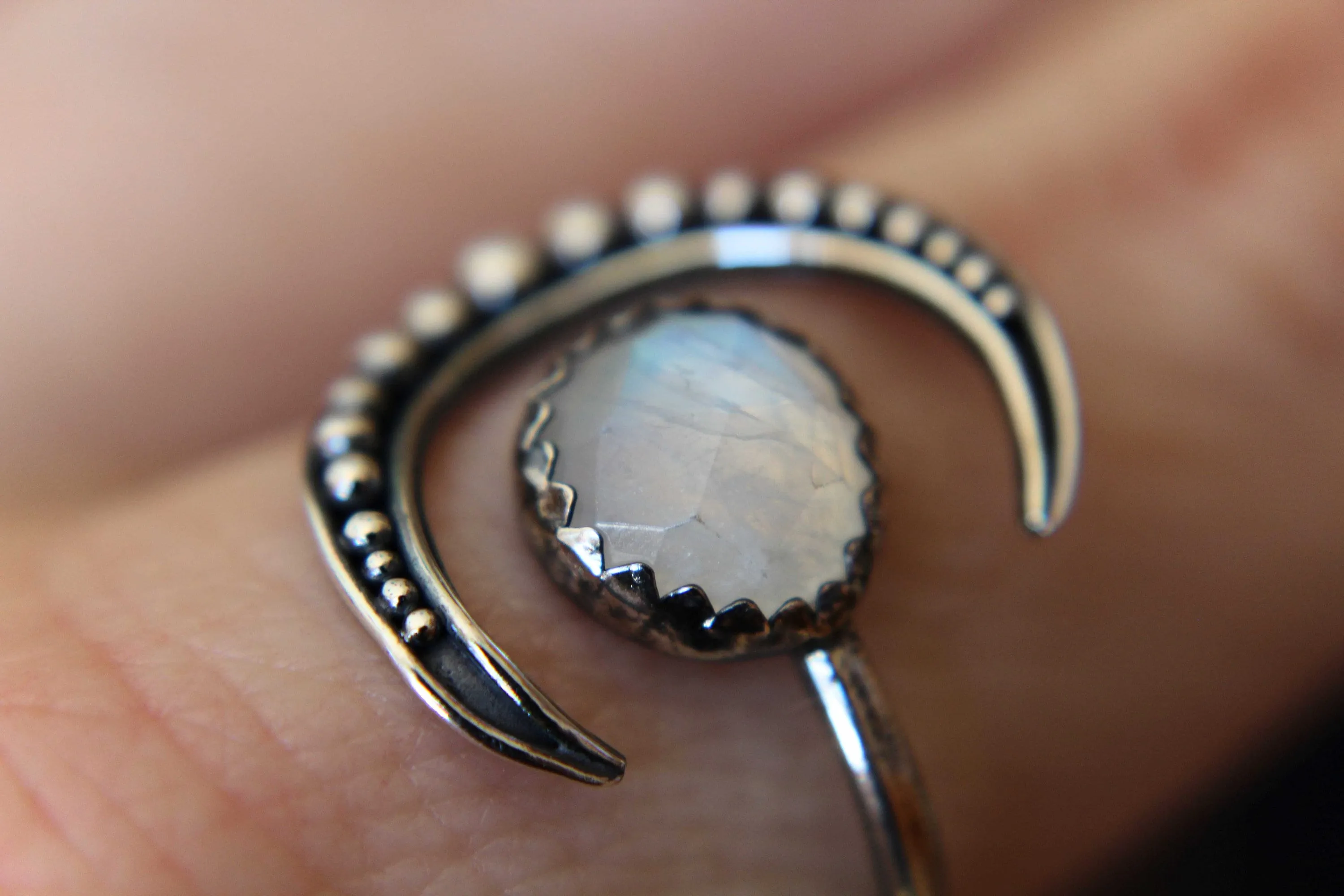 Moon Ring, Moonstone Ring, Crescent Moon Ring, Faceted Moonstone Ring, Beaded Moon Ring, Crescent Moon, Moon Jewelry, Moonstone Jewelry,Gift