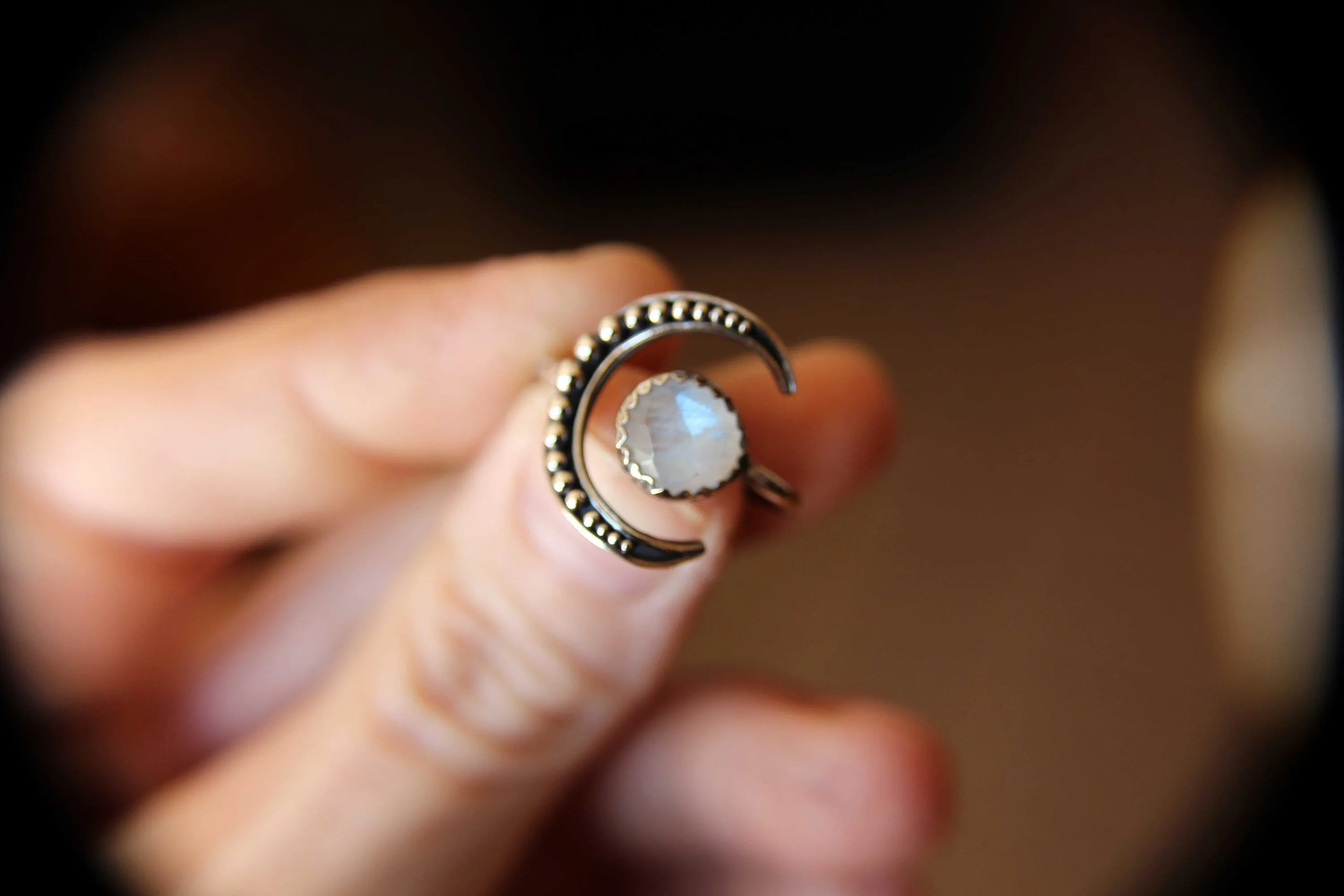 Moon Ring, Moonstone Ring, Crescent Moon Ring, Faceted Moonstone Ring, Beaded Moon Ring, Crescent Moon, Moon Jewelry, Moonstone Jewelry,Gift