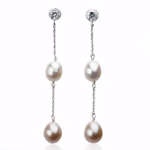 Natural Pink Pearl Double Dangle Earrings | AAA 8x10mm Genuine Cultured Teardrop Pearls