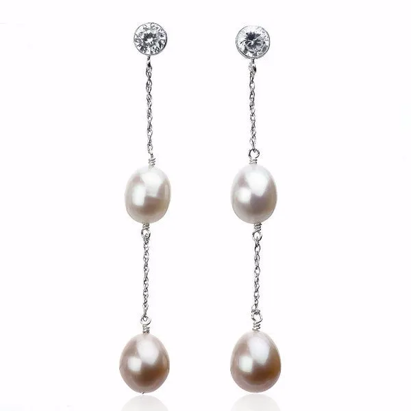 Natural Pink Pearl Double Dangle Earrings | AAA 8x10mm Genuine Cultured Teardrop Pearls