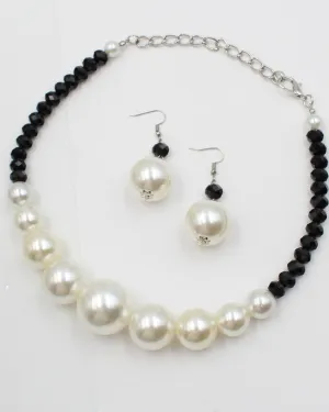 Pearl Necklace & Earring Silver Set with Black Jewels