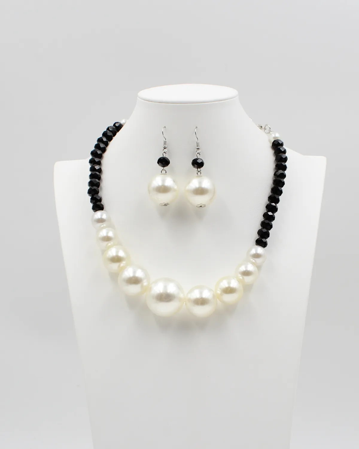 Pearl Necklace & Earring Silver Set with Black Jewels