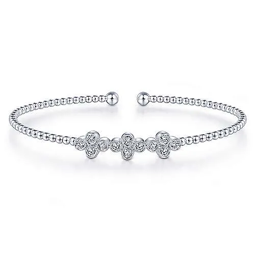 Quatrefoil Bead Cuff Diamond Bracelet in 14K White Gold