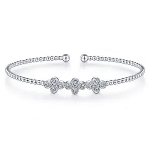 Quatrefoil Bead Cuff Diamond Bracelet in 14K White Gold