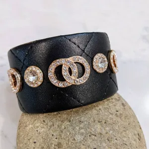 Quilted Bracelet Style Cuff Featuring Gold Tone Sparkle Interlocking Circles