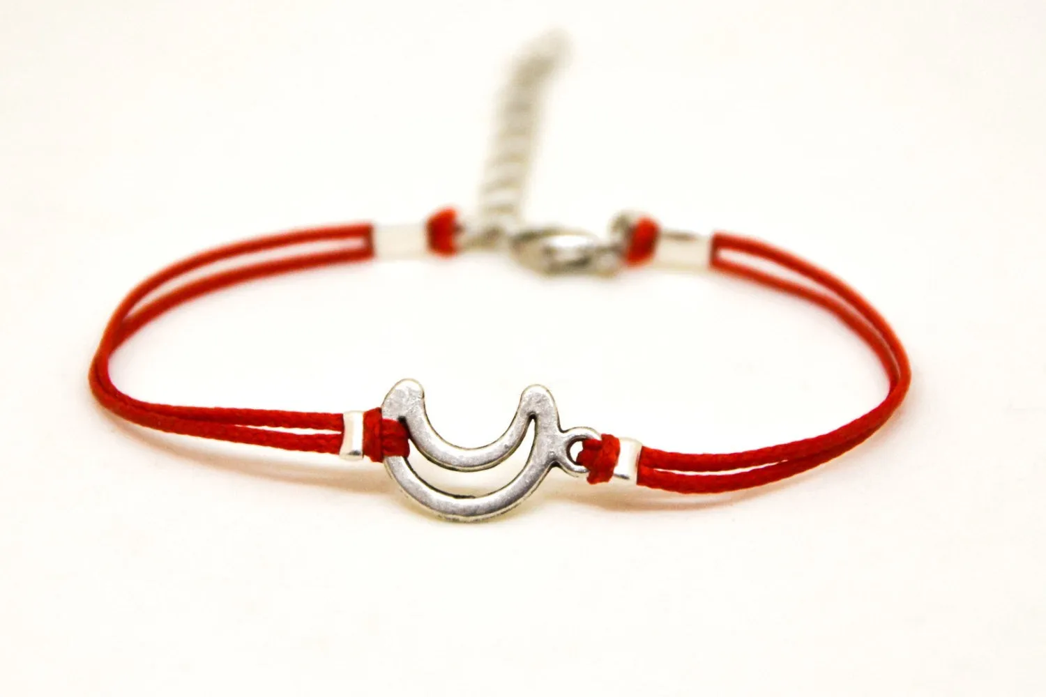 Red cord bracelet with a silver crescent moon charm, gift for her