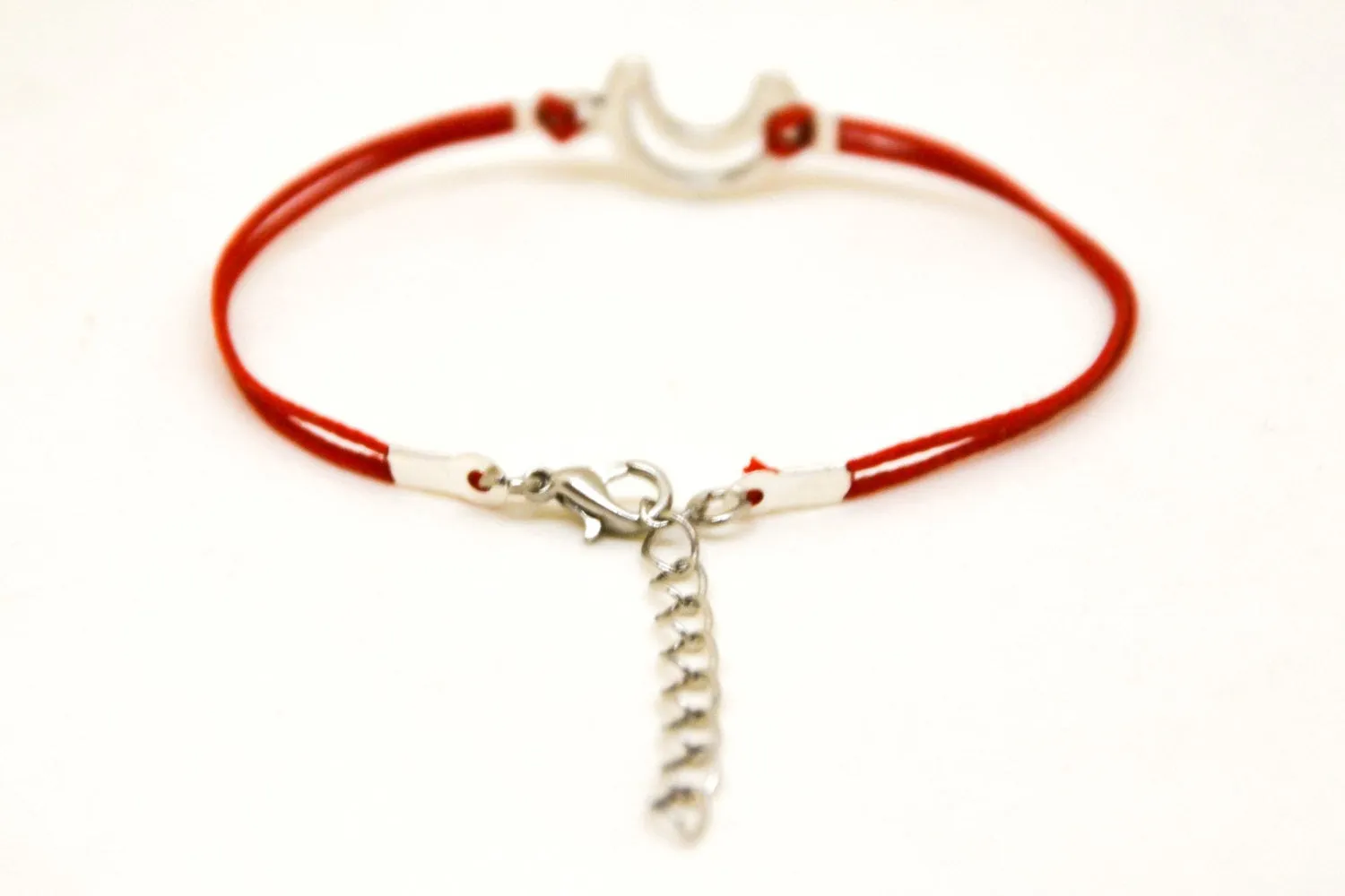 Red cord bracelet with a silver crescent moon charm, gift for her