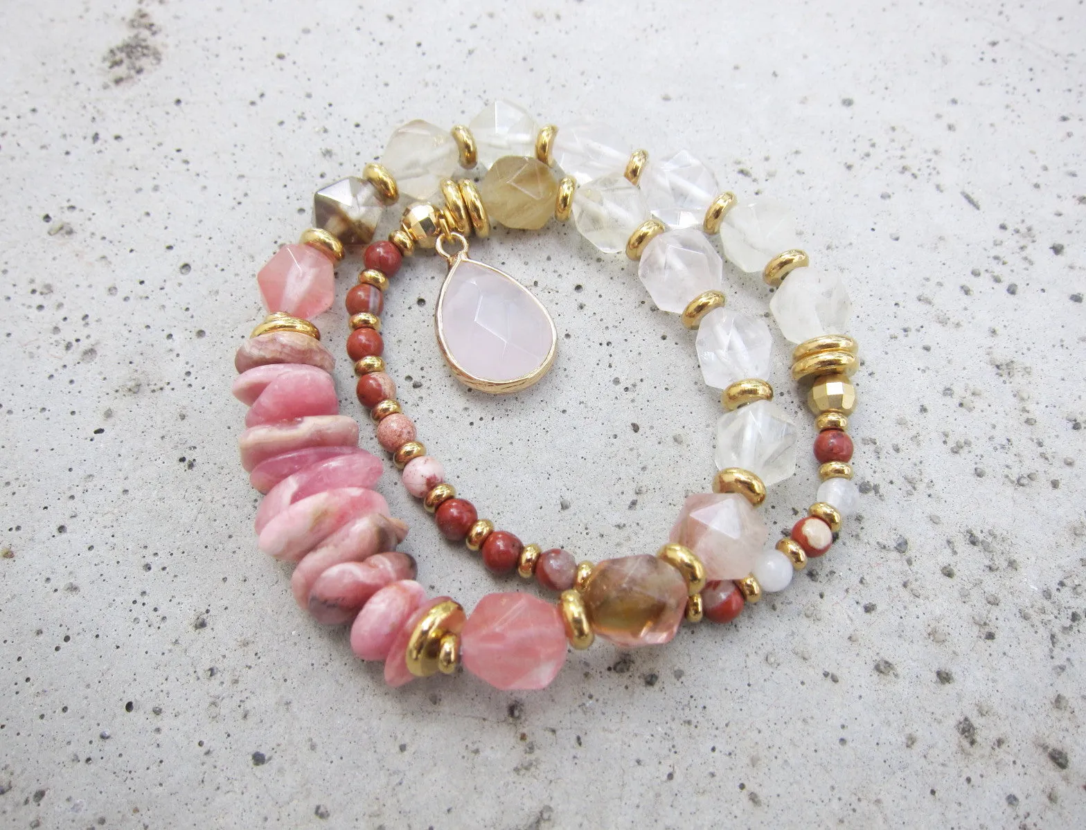 Rhodochrosite, Rose Quartz, Citrine, Clear Quartz - Love, Fertility, Growth Mala Bracelet