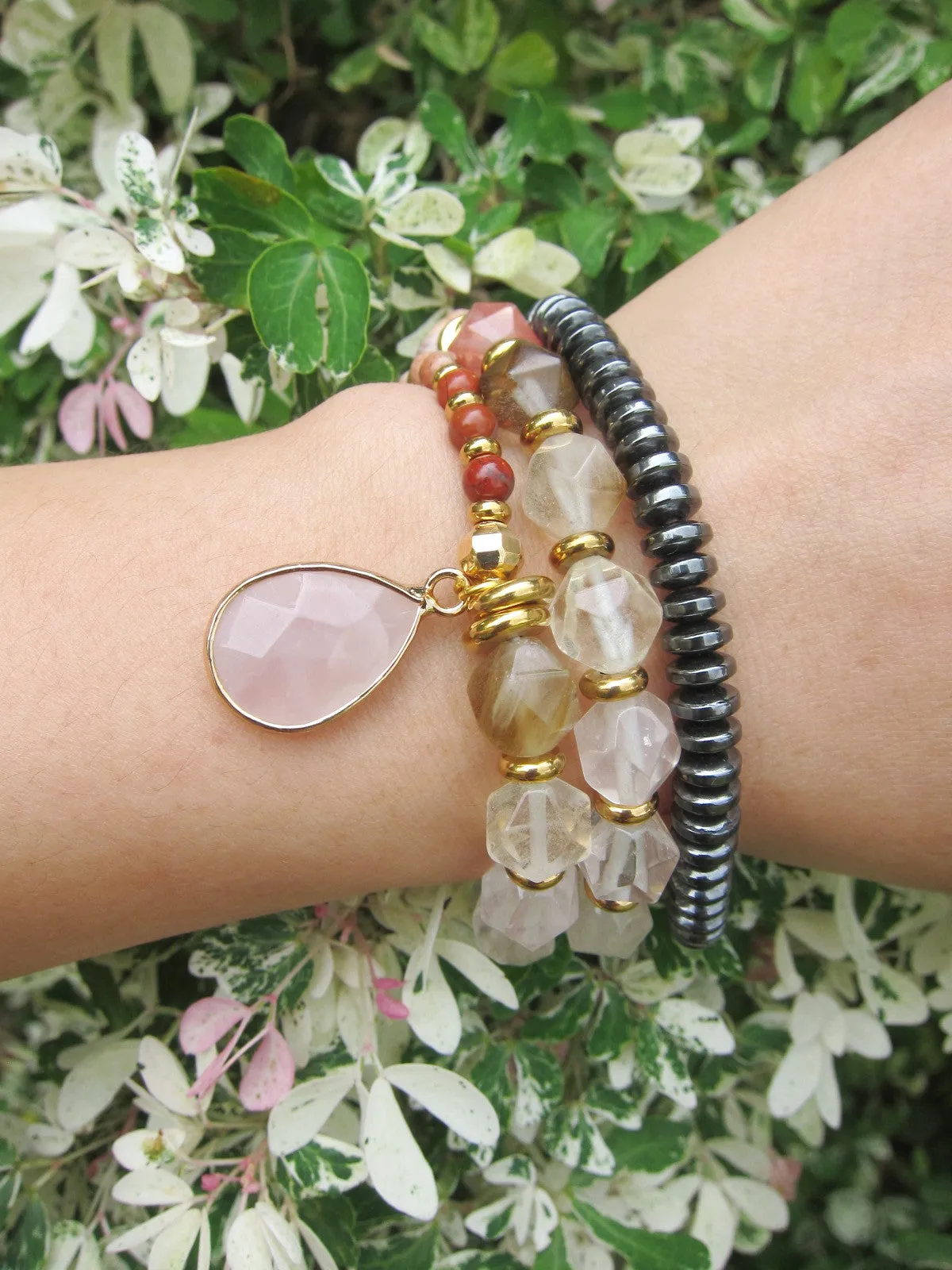 Rhodochrosite, Rose Quartz, Citrine, Clear Quartz - Love, Fertility, Growth Mala Bracelet