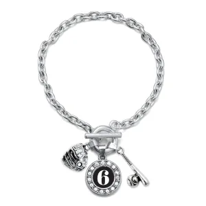 Silver Baseball/Softball - Sports Number 6 Circle Charm Toggle Bracelet