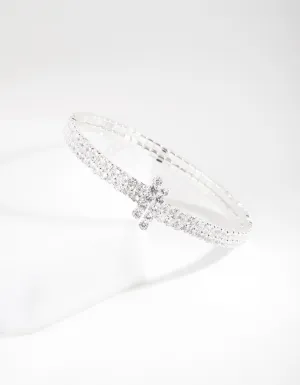 Silver Cubic Zirconia Row T Cuff Bracelet