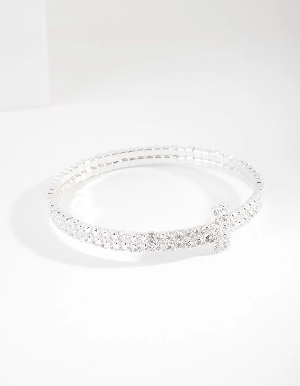 Silver Cubic Zirconia Row T Cuff Bracelet