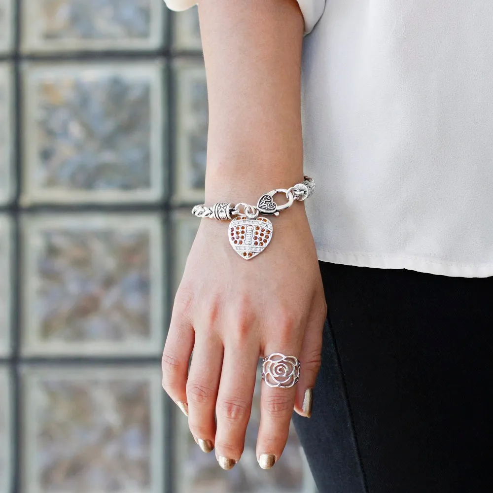 Silver Football Heart Charm Braided Bracelet