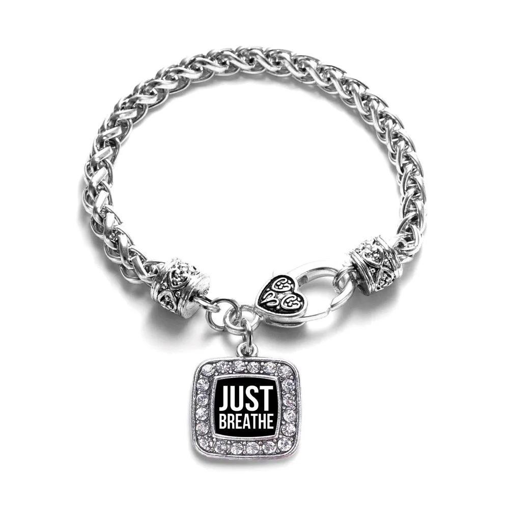 Silver Just Breathe Black Square Charm Braided Bracelet