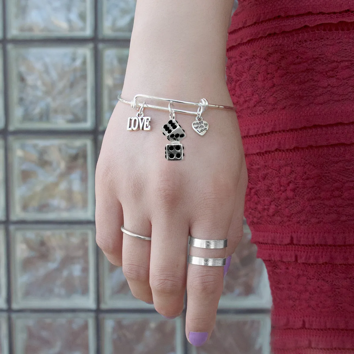 Silver Love Dice Charm Wire Bangle Bracelet