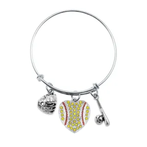 Silver Love Softball Heart Bat and Glove Charm Wire Bangle Bracelet