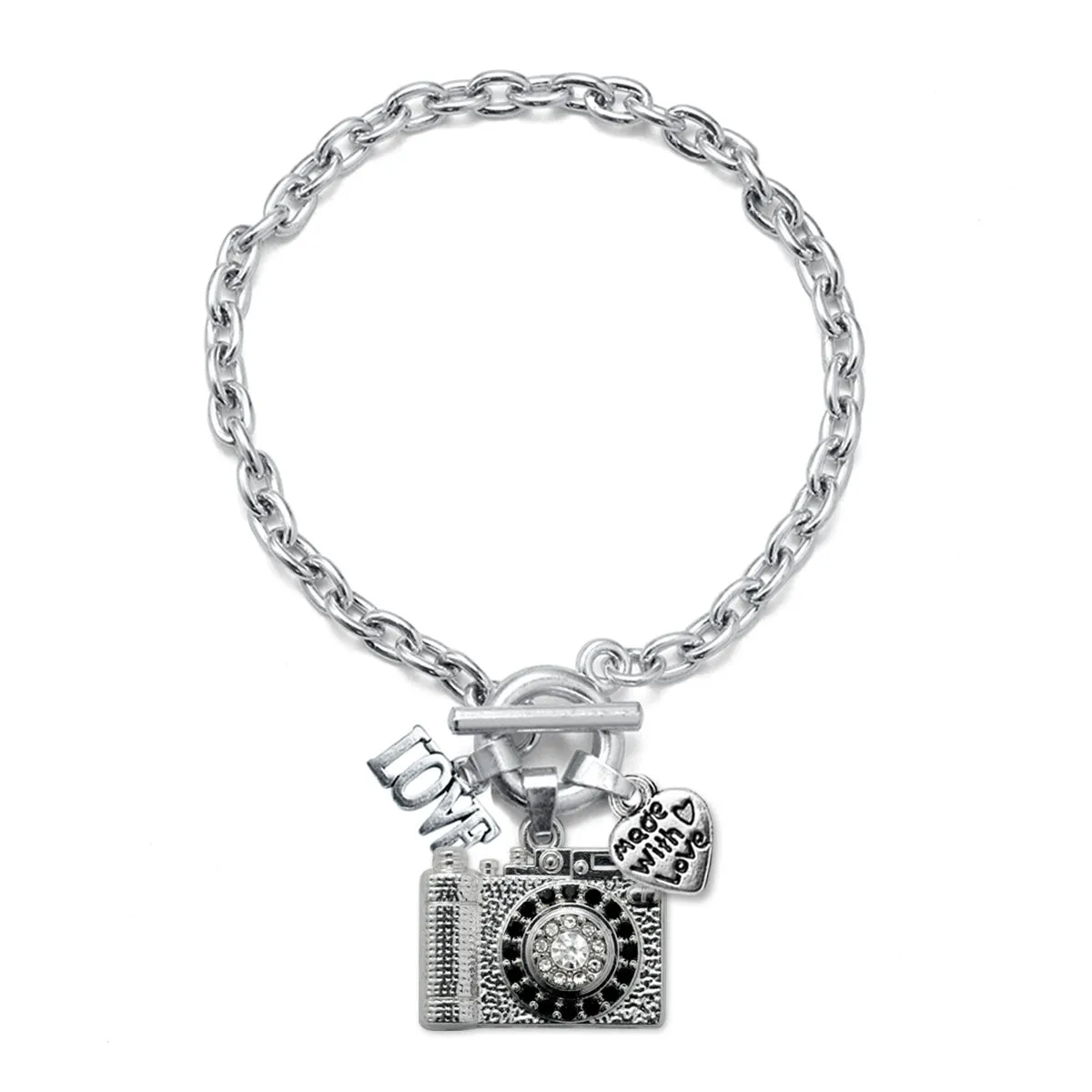 Silver Love Vintage Camera Charm Toggle Bracelet