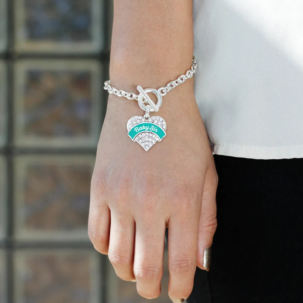 Silver Teal Baby Sister Pave Heart Charm Toggle Bracelet