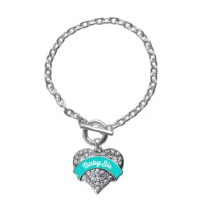 Silver Teal Baby Sister Pave Heart Charm Toggle Bracelet