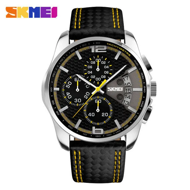 SKMEI Men Chronograph Watch Men Sport Watch Leather Strap Quartz-Watch 5ATM Waterproof Date Men's Wrist Watch relogio masculino