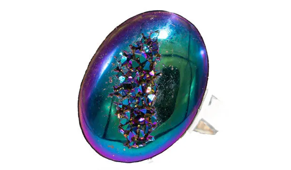 Sterling Silver Iridescent Aurora Quartz Drusy Adjustable Ring