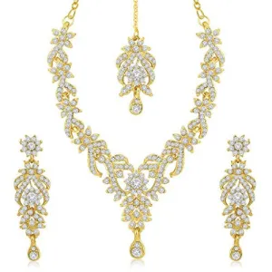 Sukkhi Gold Plated Australian Diamond Choker Necklace With Drop Earrings And Mangtikka Set or Women