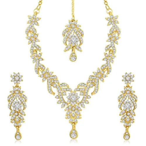 Sukkhi Gold Plated Australian Diamond Choker Necklace With Drop Earrings And Mangtikka Set or Women