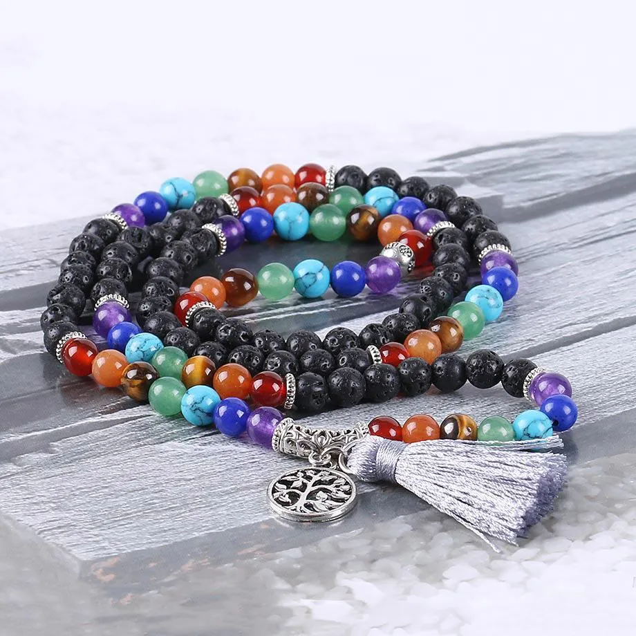 Tree of Life 7 Chakra Black Lava Rock 108 Mala Beads Bracelet