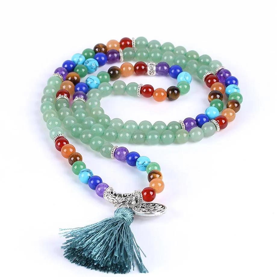 Tree of Life 7 Chakra Green Aventurine 108 Mala Beads Bracelet