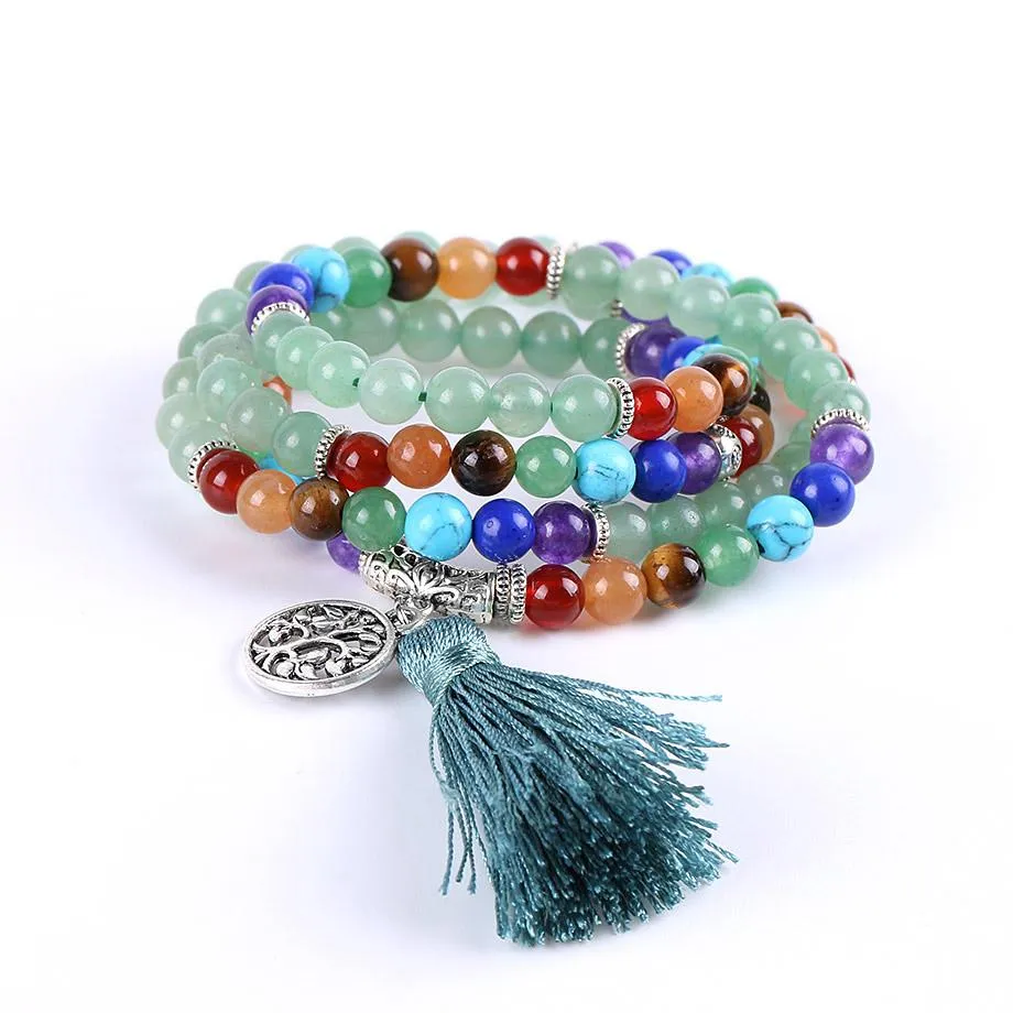 Tree of Life 7 Chakra Green Aventurine 108 Mala Beads Bracelet