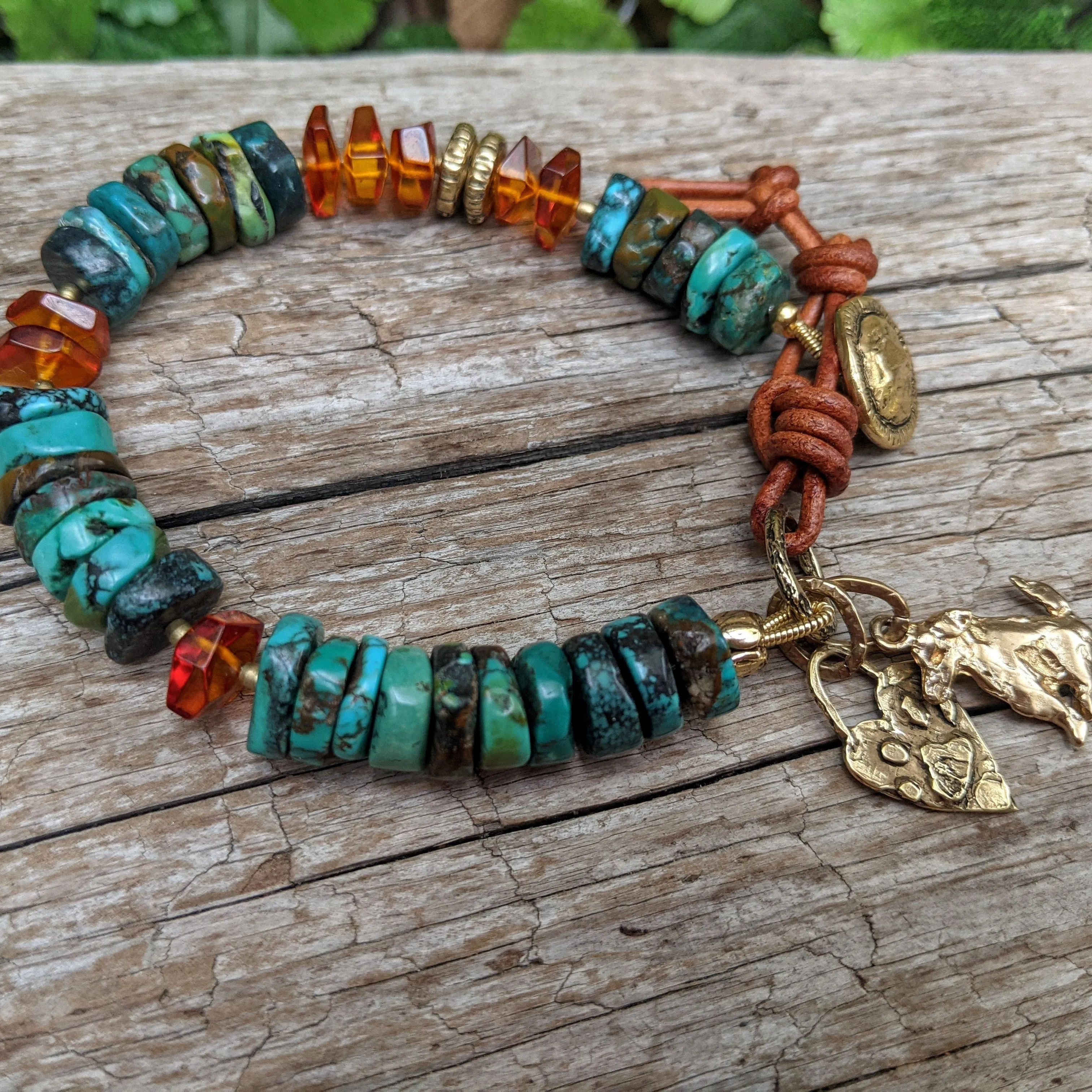 Turquoise & Baltic Amber Bracelet with Dog & Paw Charms