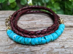 Turquoise & Brown Leather Wrap Bracelet - Unisex