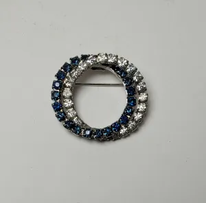 Vintage Silver Hoops Brooch with Clear and Blue Crystals