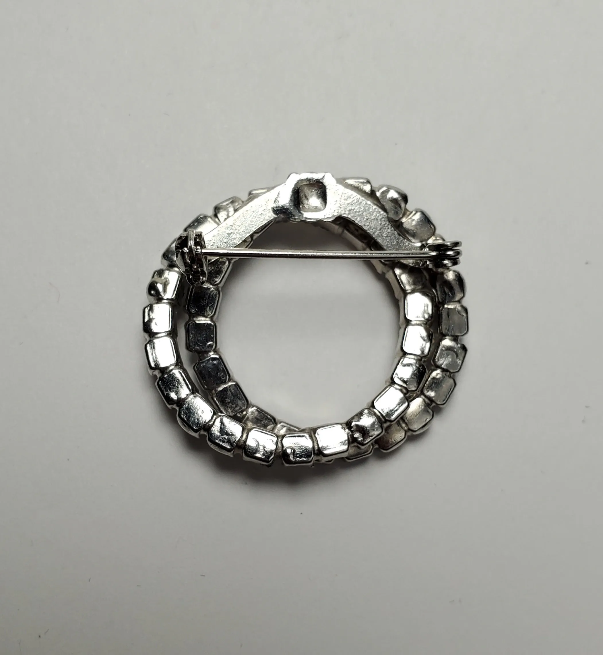 Vintage Silver Hoops Brooch with Clear and Blue Crystals