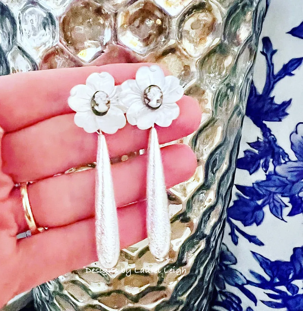 White & Silver Cameo Floral Drop Earrings