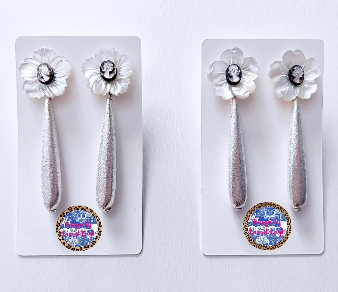 White & Silver Cameo Floral Drop Earrings