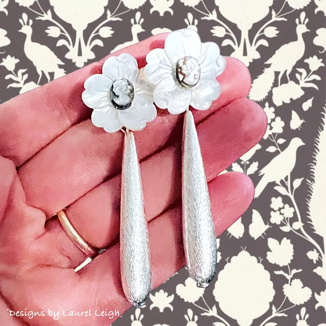 White & Silver Cameo Floral Drop Earrings