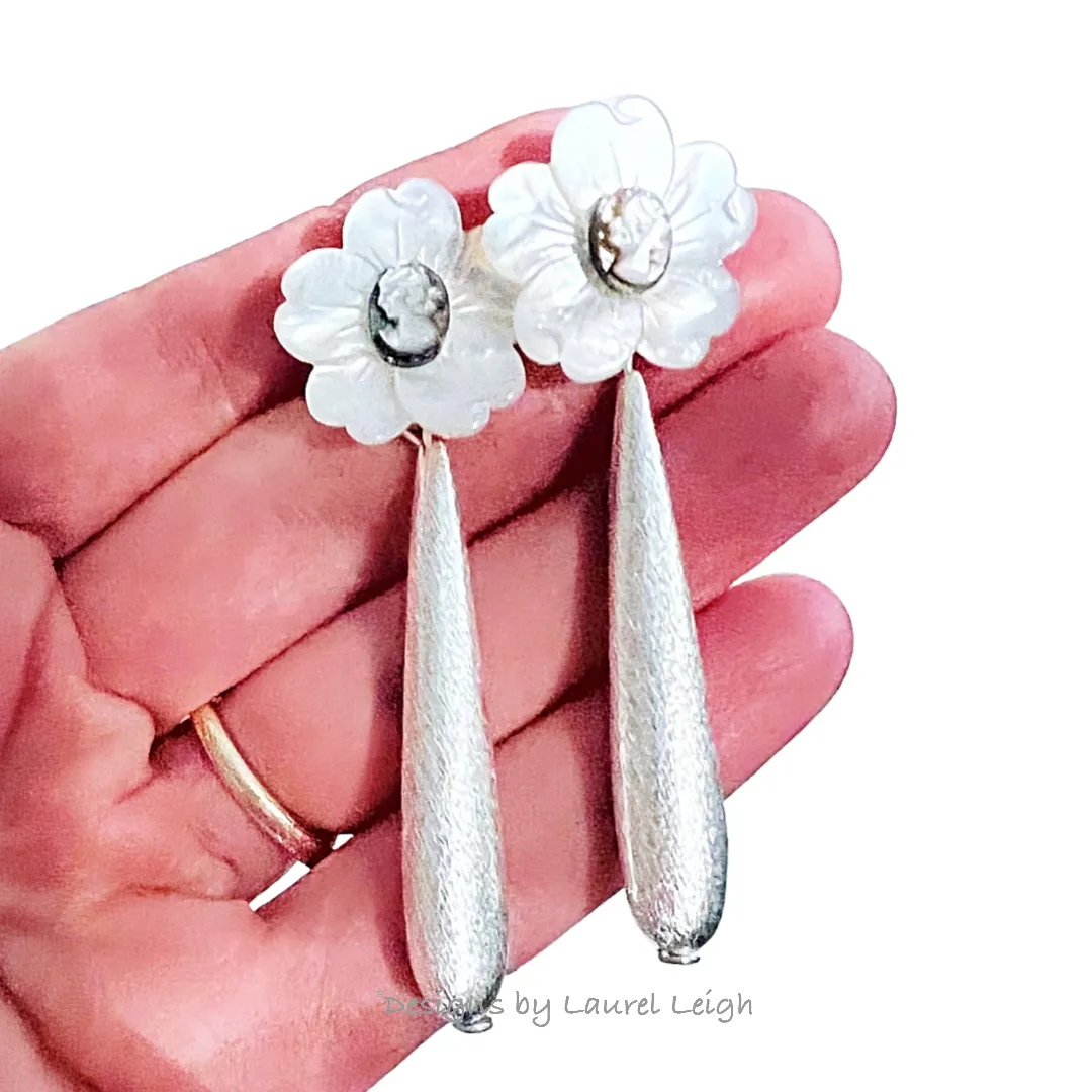 White & Silver Cameo Floral Drop Earrings