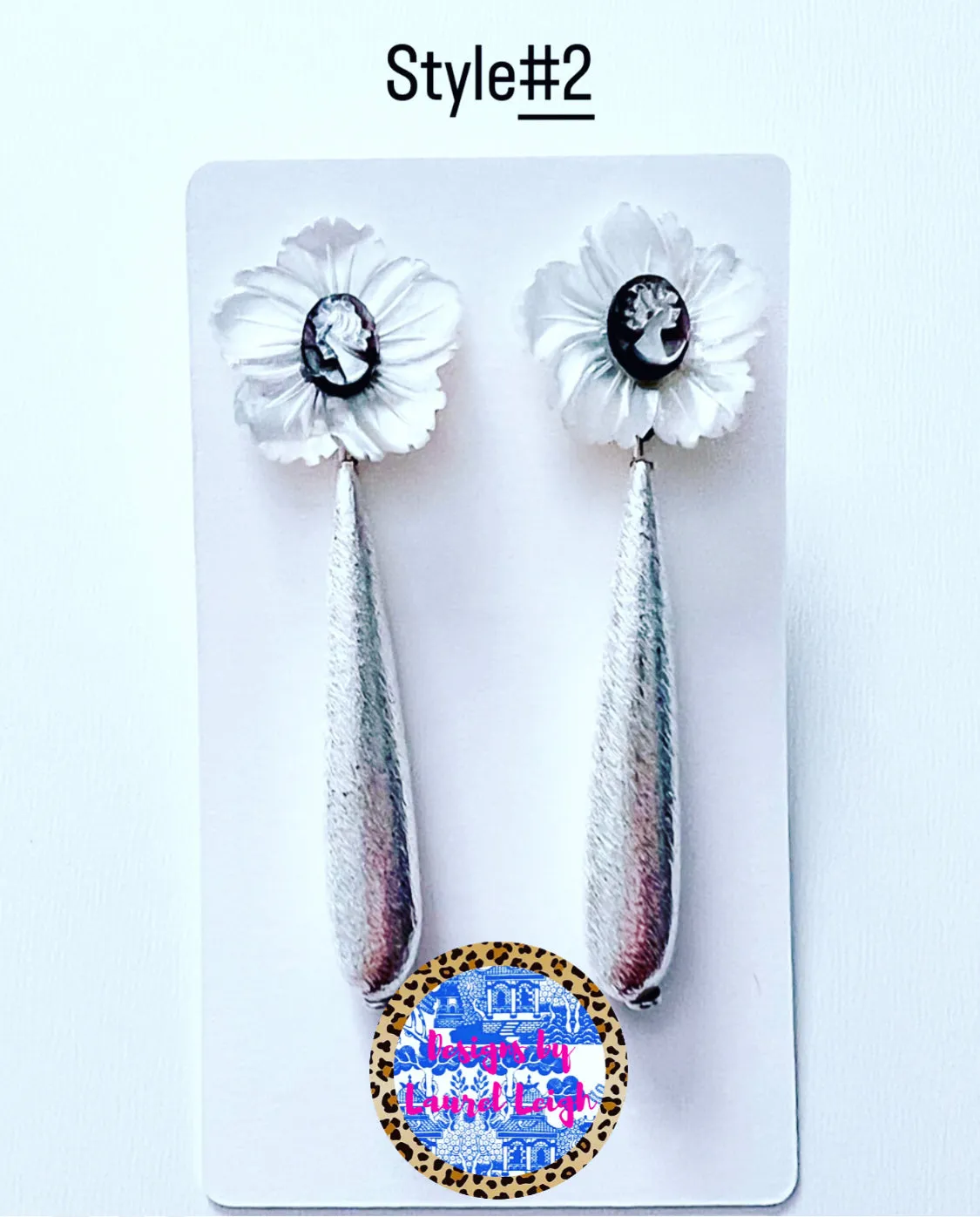 White & Silver Cameo Floral Drop Earrings