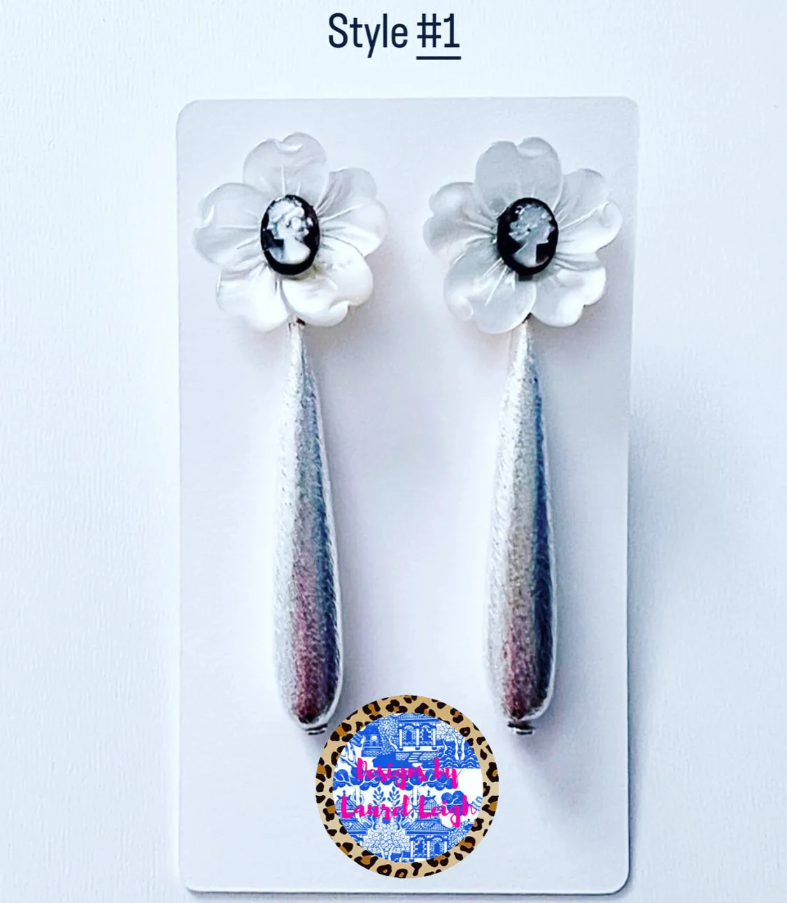 White & Silver Cameo Floral Drop Earrings