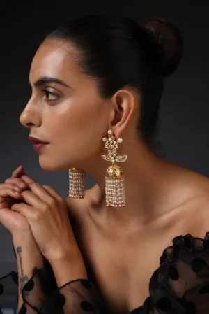 White Gold Tone Kundan and Pearl Jhumka Earrings