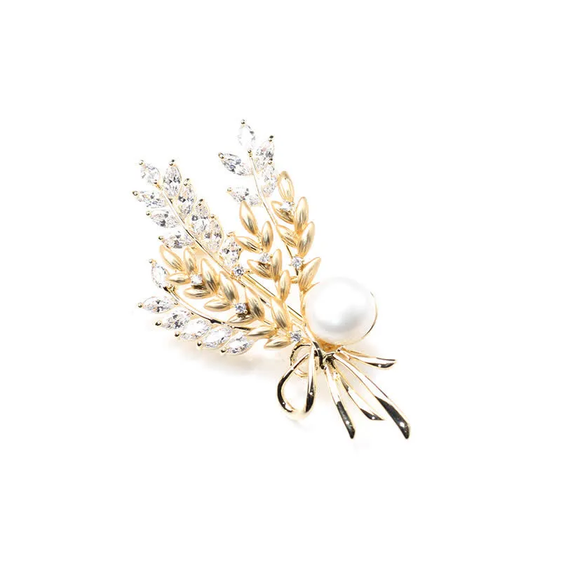 Women's Dazzling Pearl Zirconia Wheat Brooch