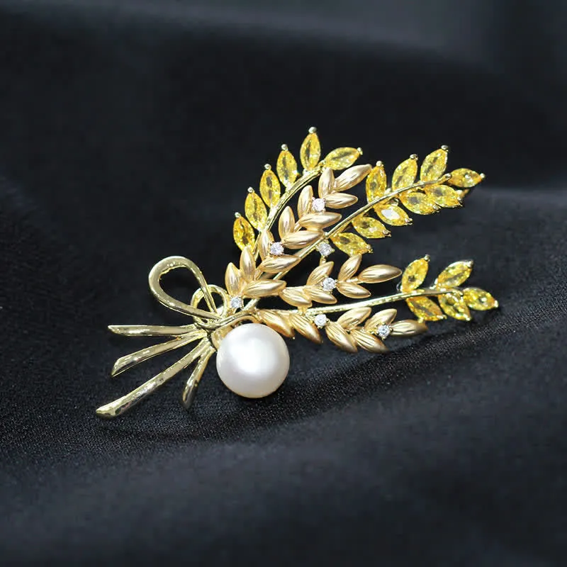 Women's Dazzling Pearl Zirconia Wheat Brooch