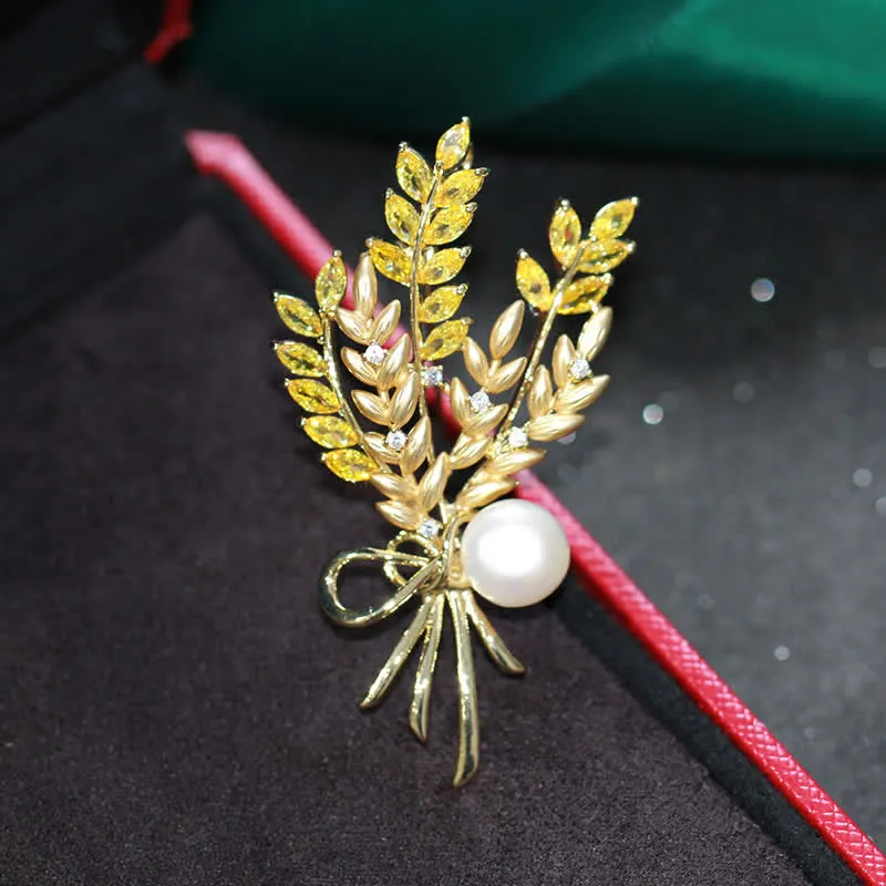 Women's Dazzling Pearl Zirconia Wheat Brooch