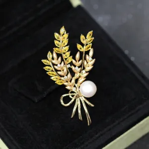 Women's Dazzling Pearl Zirconia Wheat Brooch