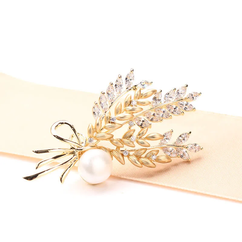 Women's Dazzling Pearl Zirconia Wheat Brooch